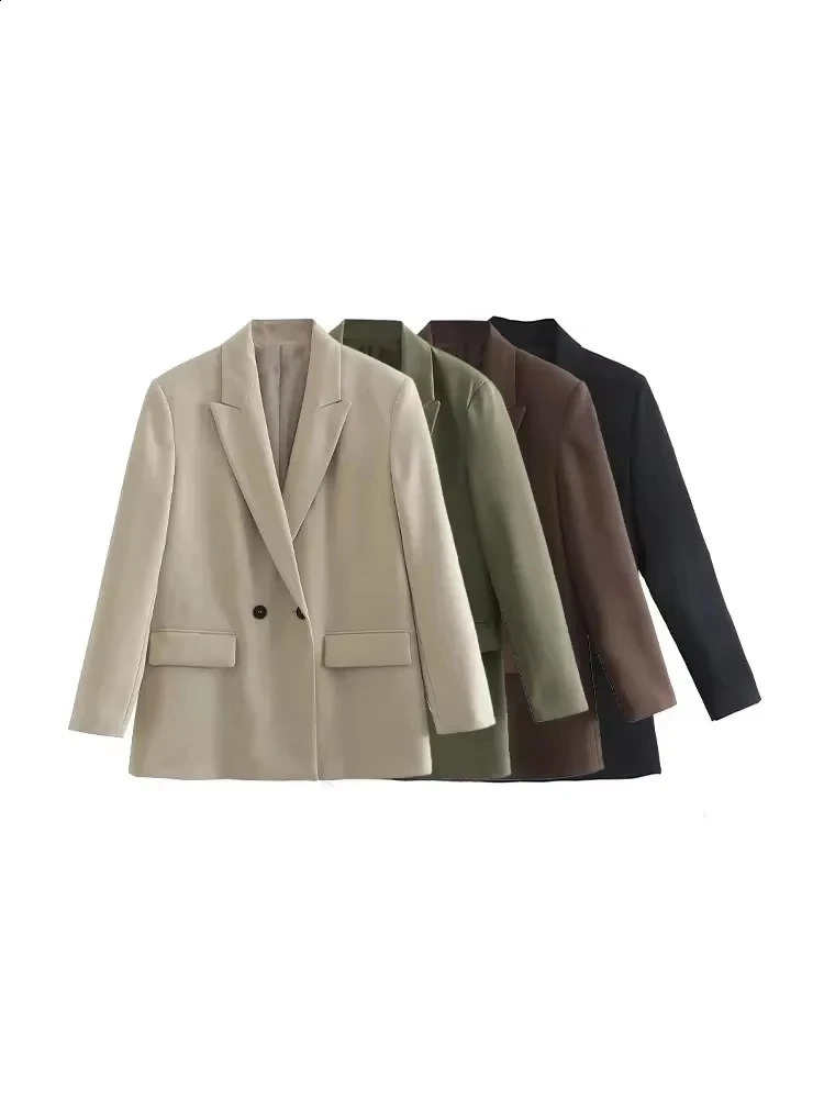 TRZA Womens Fashion Double Chest Loose Coat Retro Long Sleeve Pocket Vest 250317