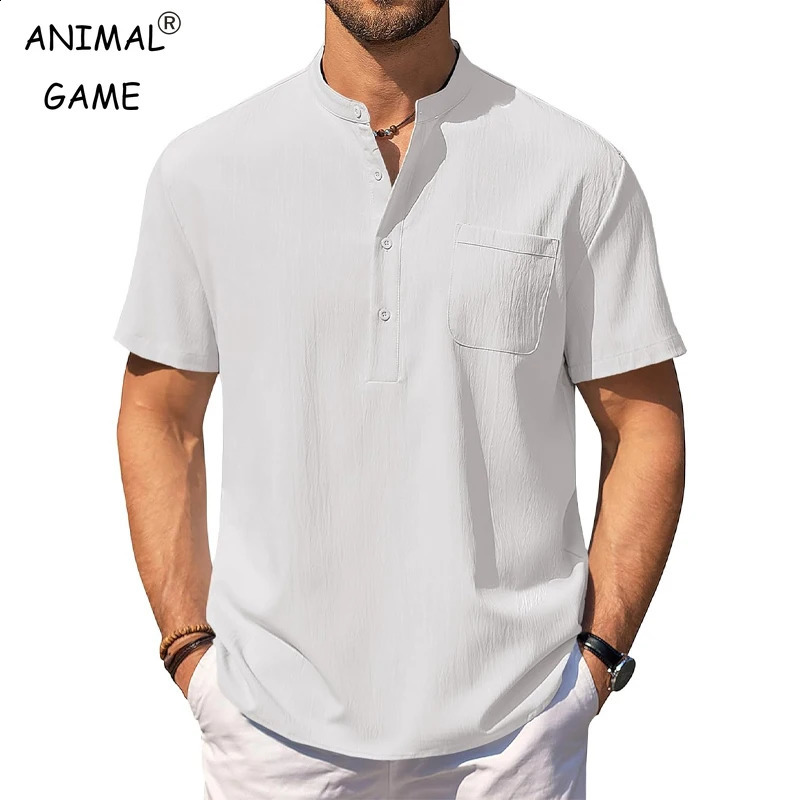 Summer mens short sleeved Henry casual shirt lightweight beach collar pocket Tshirt 250319