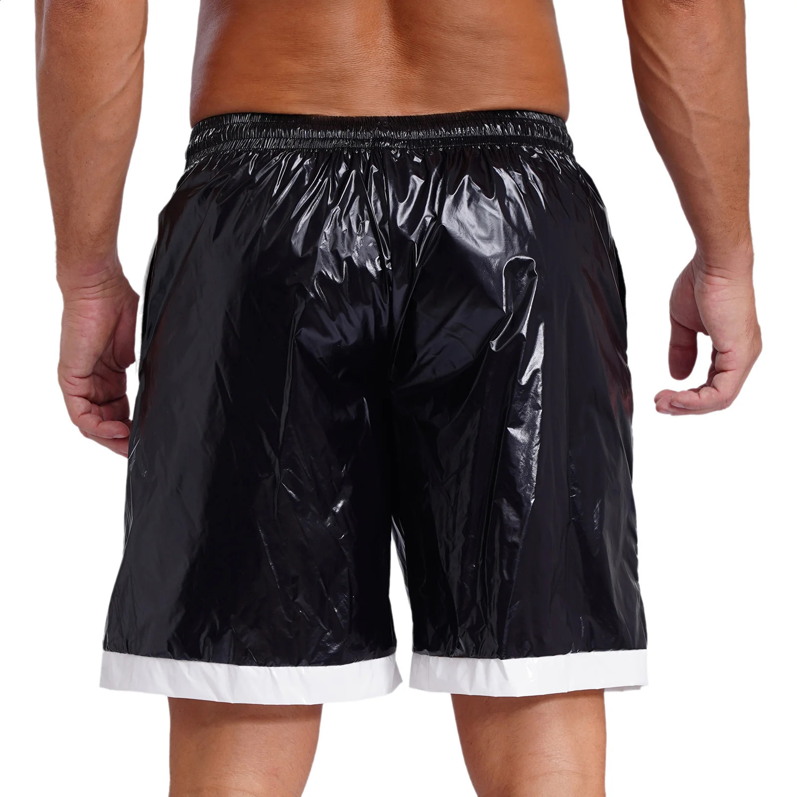 Mens Wet Look Boxer Shorts Drawstring Elastic Waist Pockets Waterproof Beach Shorts Swimming Trunks Loose Fit Short Pants Club 250317