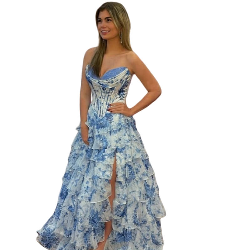High Slit Blue Floral Printed Chiffon Prom Dresses Tiered Ruffles Long A-Line Sweetheart Evening Gown For Ladies Sweep Train Back Lace-Up Corset Birth