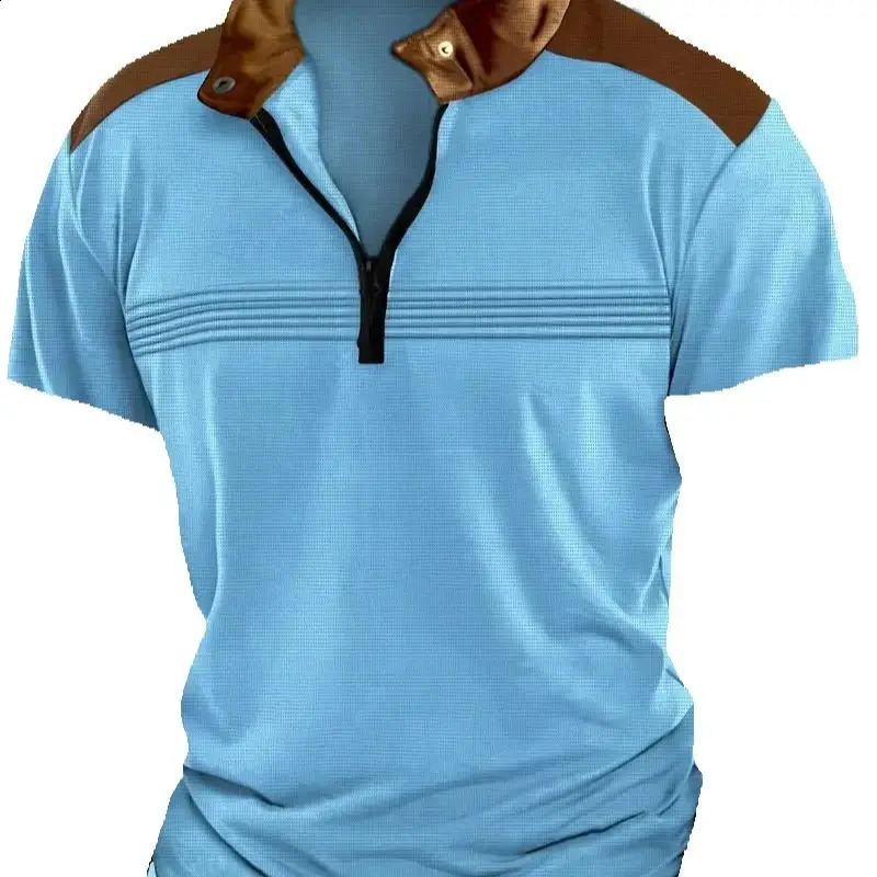 European and American Mens Summer Fashion Casual Sports Zipper Striped Short Sleeve Polo Shirt 250317
