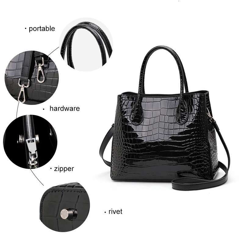 Aidrani Genuine Leather Women's Handbag, Light Crocodile Patterned Large Capacity Cowhide Bag, Black Square
