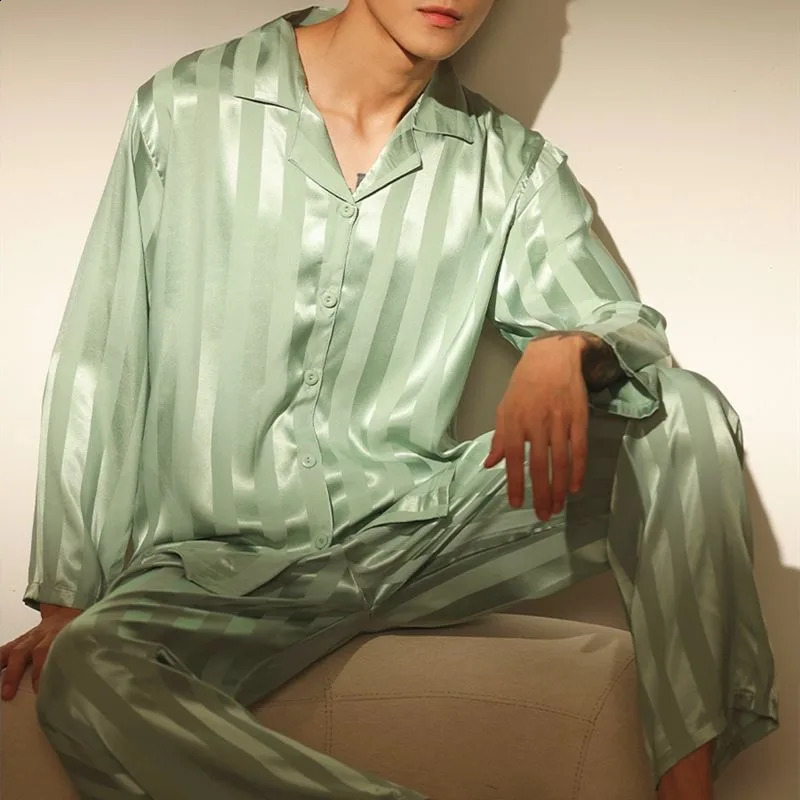 Fashion Pajamas Mens Spring and Autumn Long sleeved Pants Pajamas Youth Thin Ice Silk Summer Casual Set Pajamas 250317