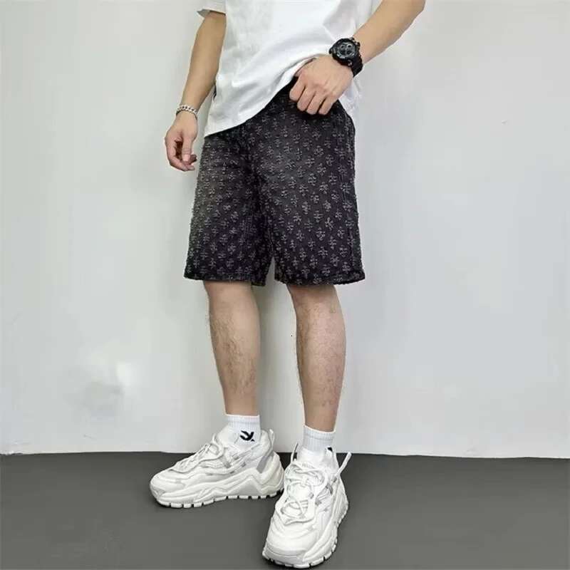 Fashion Casual Summer Light Blue Distressed Men Denim Smart Straight Leg Loosen Male High Street Niche Design Tide Shorts
