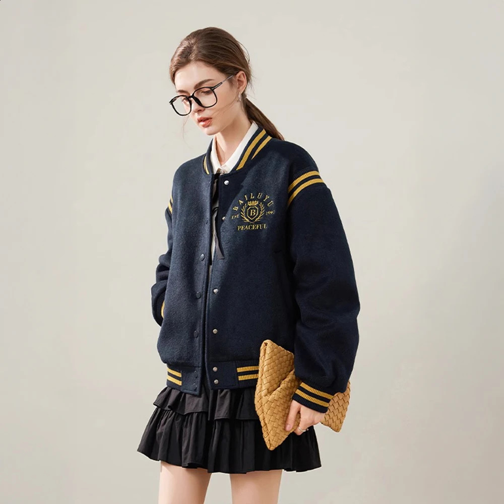 Retro school team jacket womens loose baseball retro ed letters thick wool blend casual streetwear 250317