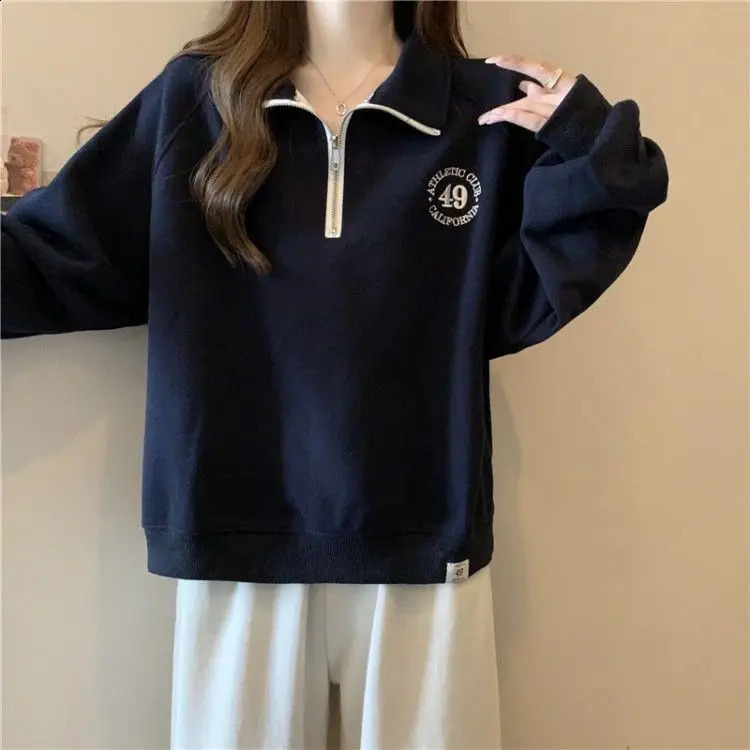 Lazy Style Letter y Half Zipper Pullover Plus Size Hoodie for Womens Casual Loose Standing Collar Long Sleeved Top 250318