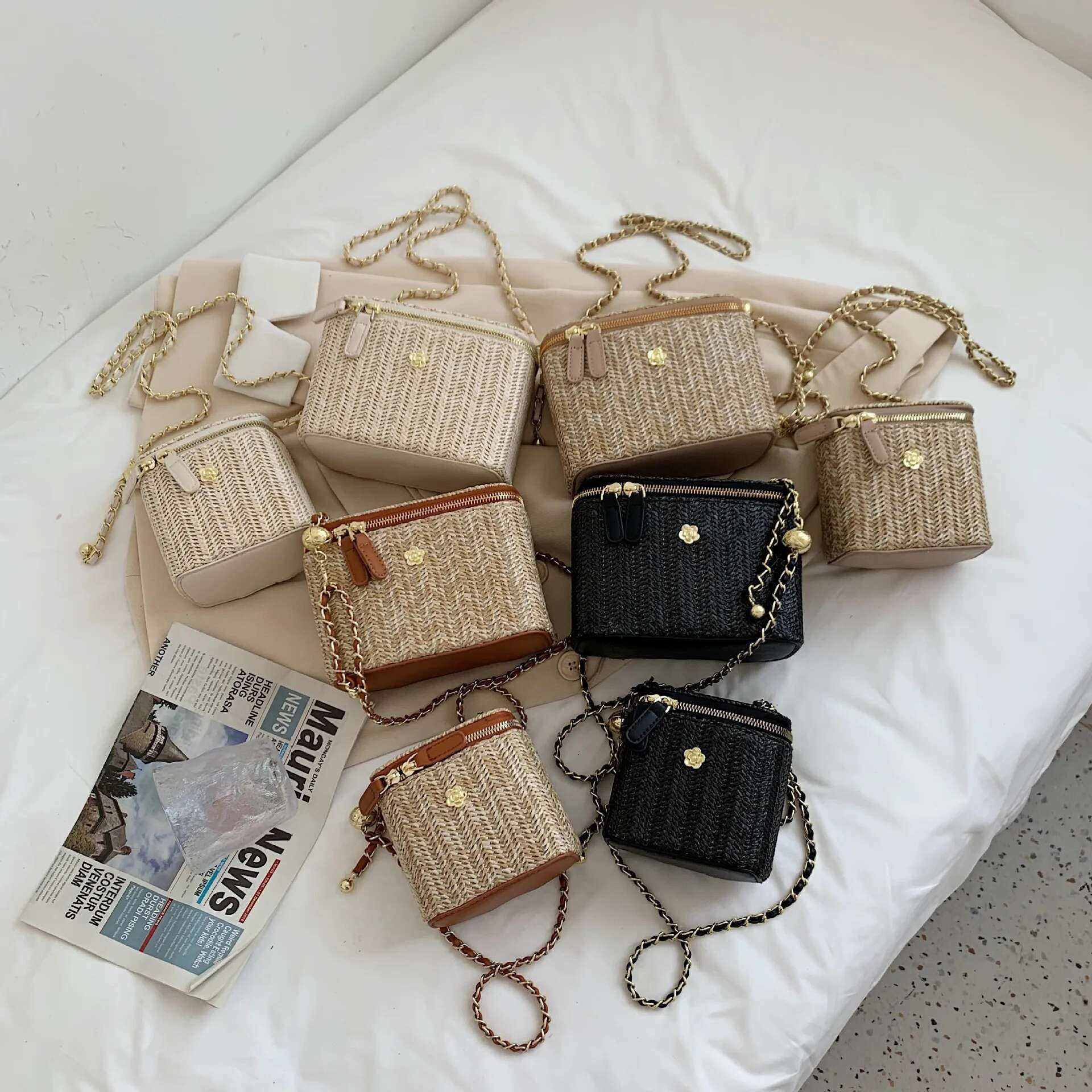 Mini Straw Bucket Crossbody Bag For Women 2021 Summer Weave Women's Brand Handbags And Purses Fashion Chain Simple Shoulder Bags