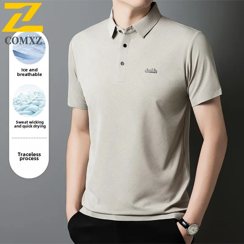 High quality ice silk mens shirt with fashionable printed comfortable and breathable elastic top casual lapel polo shirt 250317