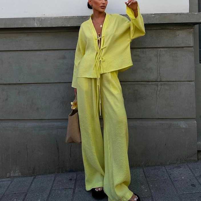 Fashionable and high-end lace up shirt and pants set for women summer new casual two-piece set 250315