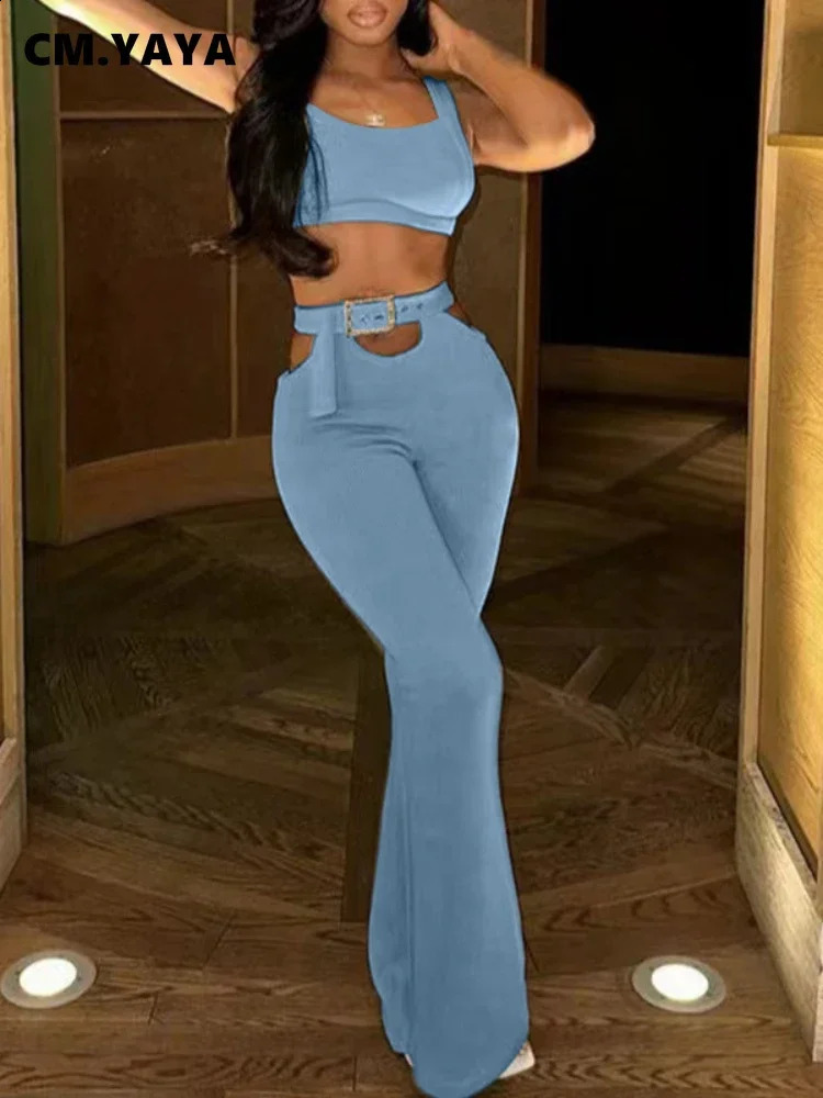 CM.YAYA Fashion Knit Womens Set Tank Top and Cutout Waist with Belt Wide Leg Flare Pants Two 2 Piece Set Outfits Tracksuit 250319