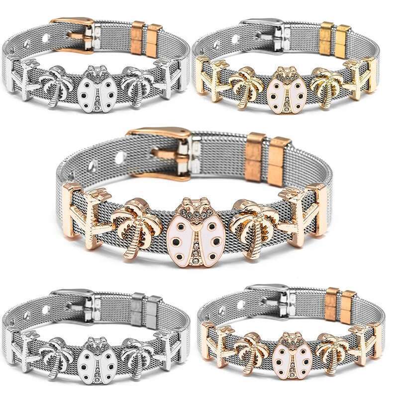 10mm Stainless Steel Mesh Bracelets With Aircraft Coconut Tree Beads Charm Keeper Bracelets Bangles For Women Men Jewelry Gift