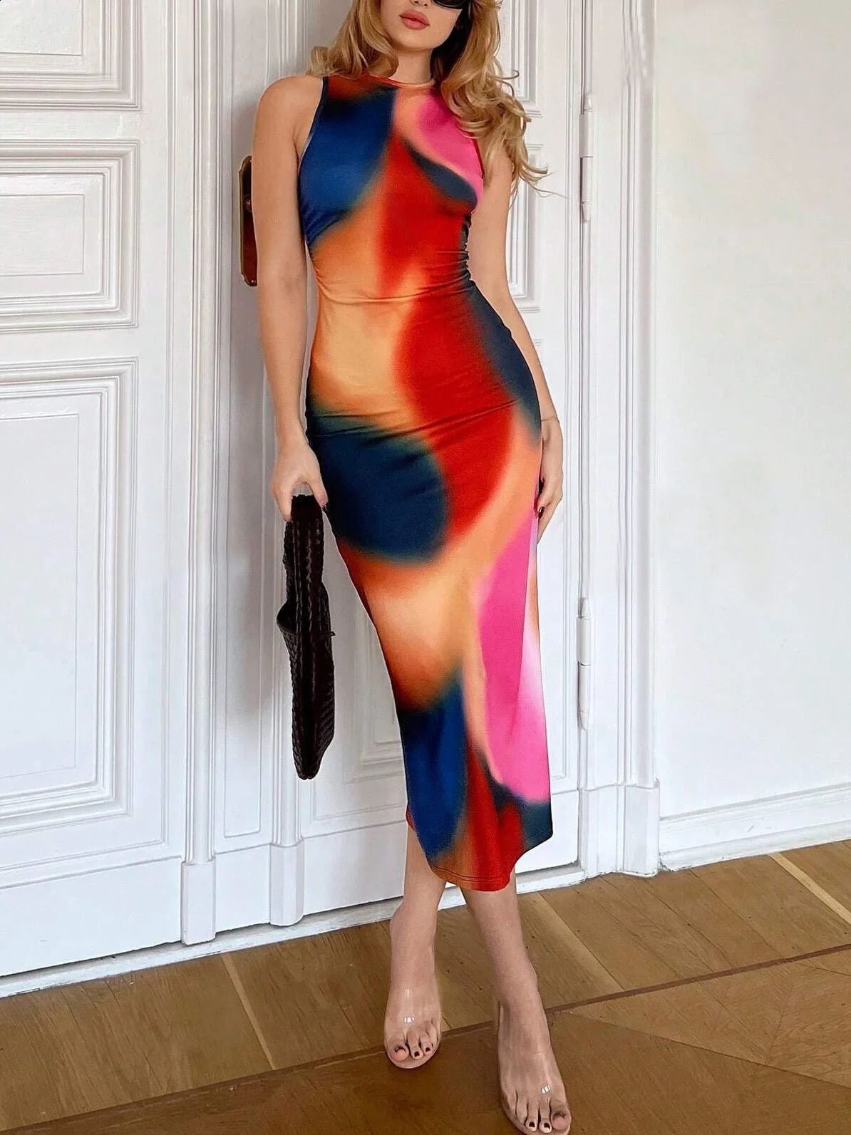 Womens sleeveless V-shaped printed seamless vest dress temperature ultra-thin dress European and American summer sexy dress 250317