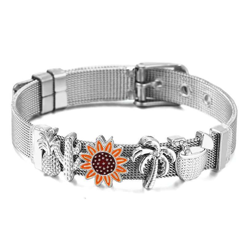 Summer Vacation Series 10mm Beads Charm Bracelets DIY Stainless Steel Mesh Bracelets Pulseras Mujer For Women Men Jewelry Gift
