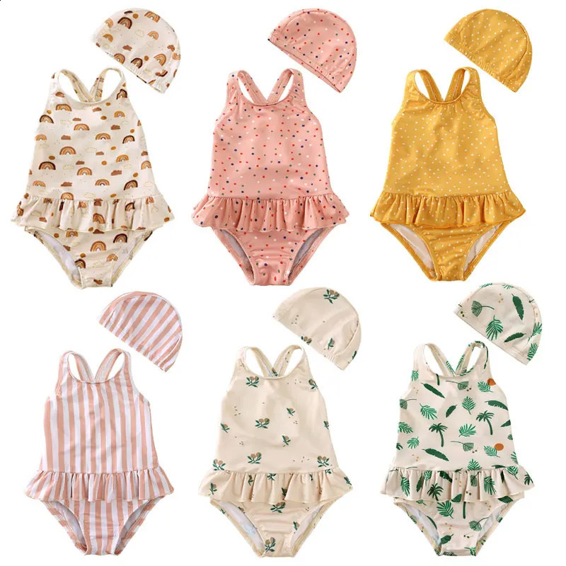 Girls Cute Backless Floral One-piece Swimsuit Baby Bikini Swimwear with hat Sun-proof Beach Vacation Toddlers Kids Chic Swimsuit 250319