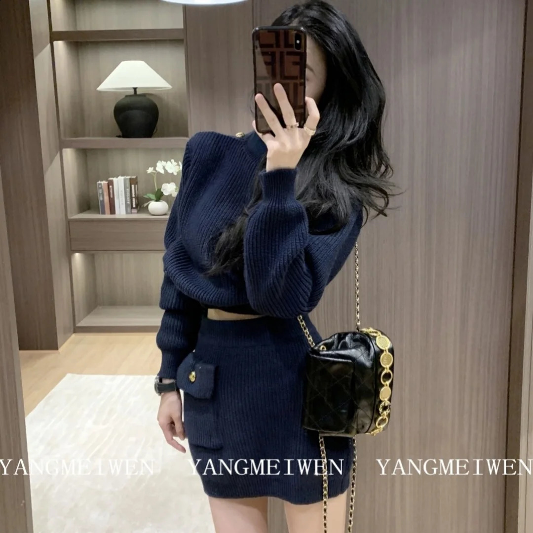 Slim Pullover Sweater Cropped Topsmini Skirt Dress Set Womens Autumn WinterTwo-piece Set Suit Outfit Y2k Streetwear 250318