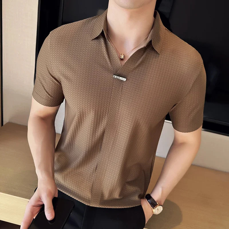 Mens Waffle Polo Shirt British Style Summer Ice Silk Thin Solid Casual Elastic Slim Fit Short Sleeved T-shirt Mens Clothing 250318