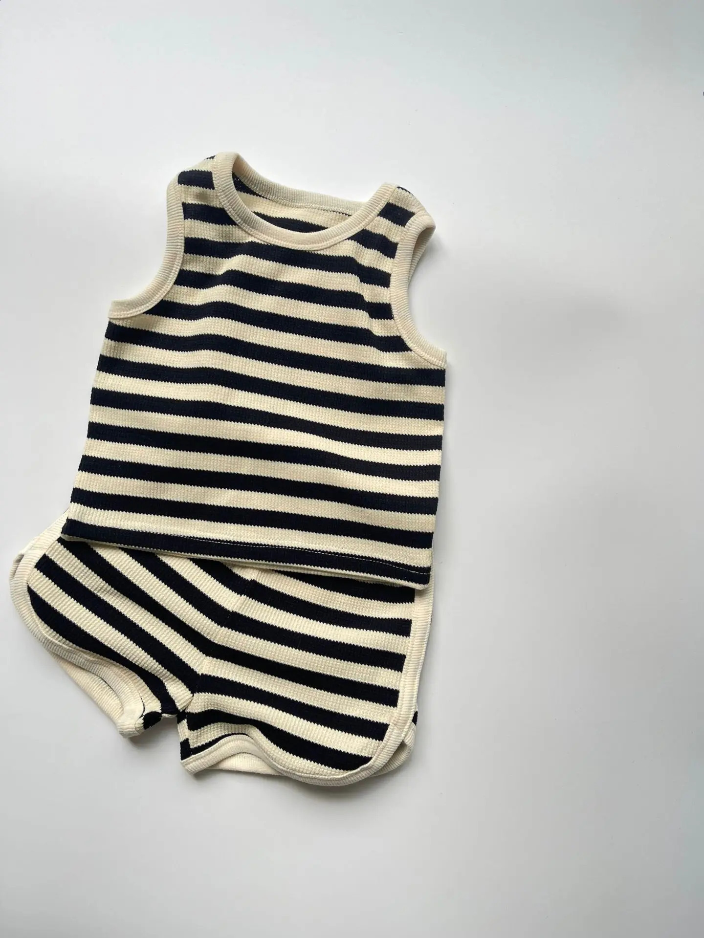 Summer Boy Girl Children Waffle Striped Sleeveless Tops Shorts 2pcs Baby Cotton Loose Thin Vest Suit Kid Casual T-shirt Set 250319