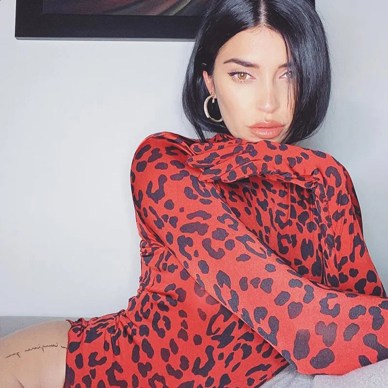 BKLD Turtleneck Leopard Print Bodysuit Long Sleeve With Gloves Bodycon Rompers Womens Jumpsuit Autumn Clubwear Bodysuits 250319