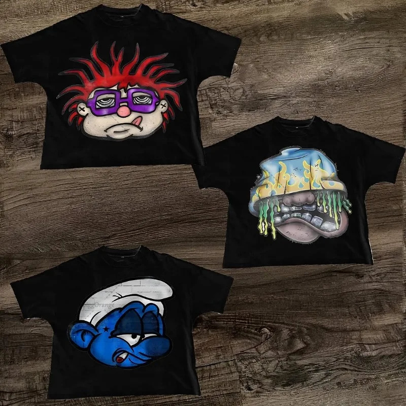 Fashion street clothing short sleeved womens retro cartoon print oversized Tshirt punk summer cotton casual top mens style 250317