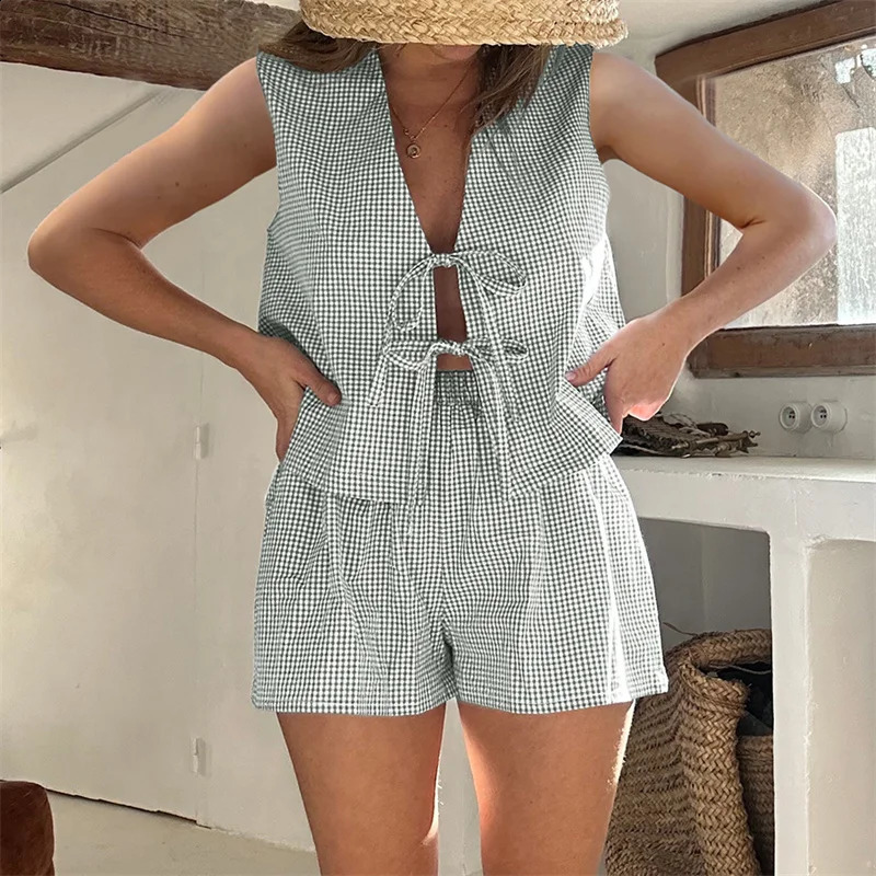 Women 2-Piece Shorts Set Plaid Print Lacing V-Neck Sleeveless Tank Tops Elastic Waistband Shorts Loungewear Outfits 250319