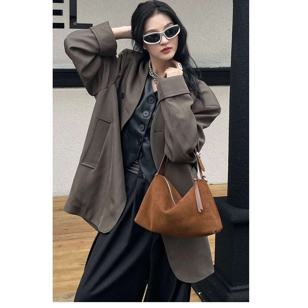 Women Niche Suede Pouch Underarm Bags Retro Matte Cowhide Shoulder Crossbody Handbag Trendy Bag