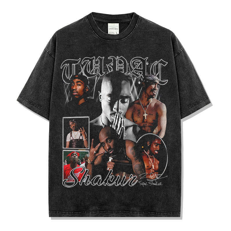American Hip-Hop Tupac Printed Short Sleeved T-Shirt Vintage Washed Loose Neckline Ins