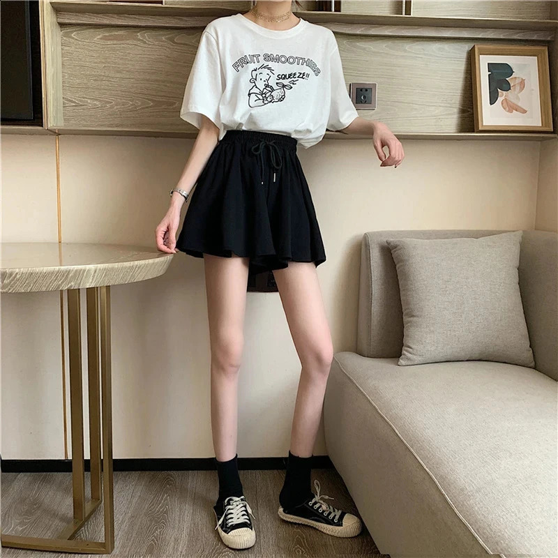 MEXZT 5Xl Summer Shorts Skirts Women Elastic High Waist Casual Wide Leg Shorts Korean A Line Loose Mini Skirt Black Short Pants 250319