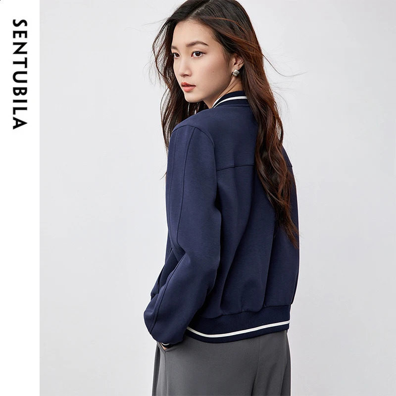 SENTUBILA Womens Cotton Baseball Jacket Spring Fashion Preparatory Style Splicing Letter y Loose Fit Coats 151058758 250317