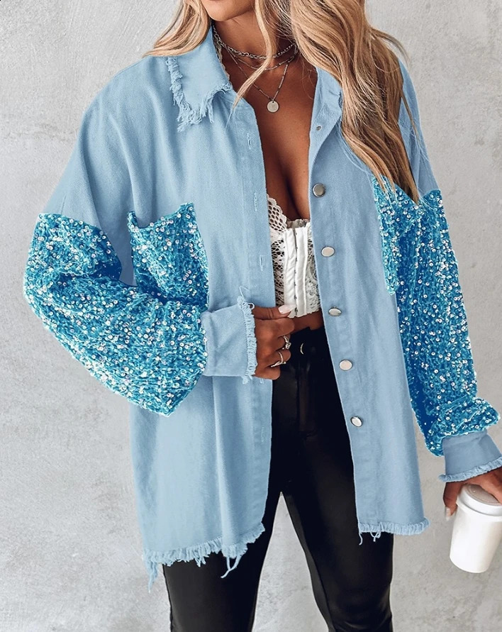 Young womens jacket for spring and summer latest lapel long sleeved contrasting sequin original hem jacket colorful lock top jacket 250317