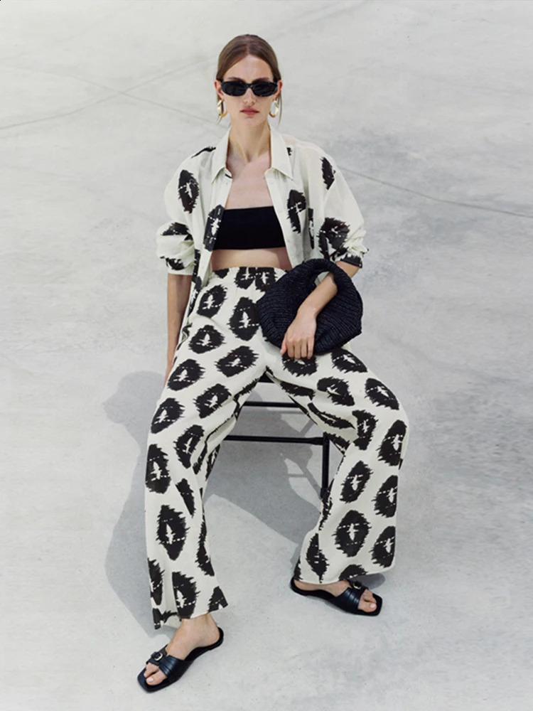 Casual printed womens long pants with elastic high waist and wide legs springsummer loose set 250318