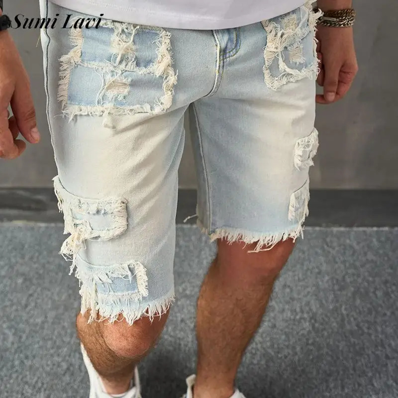 Y2K style open top n mens denim shorts summer trend solid color slim fit jeans retro straight 250319