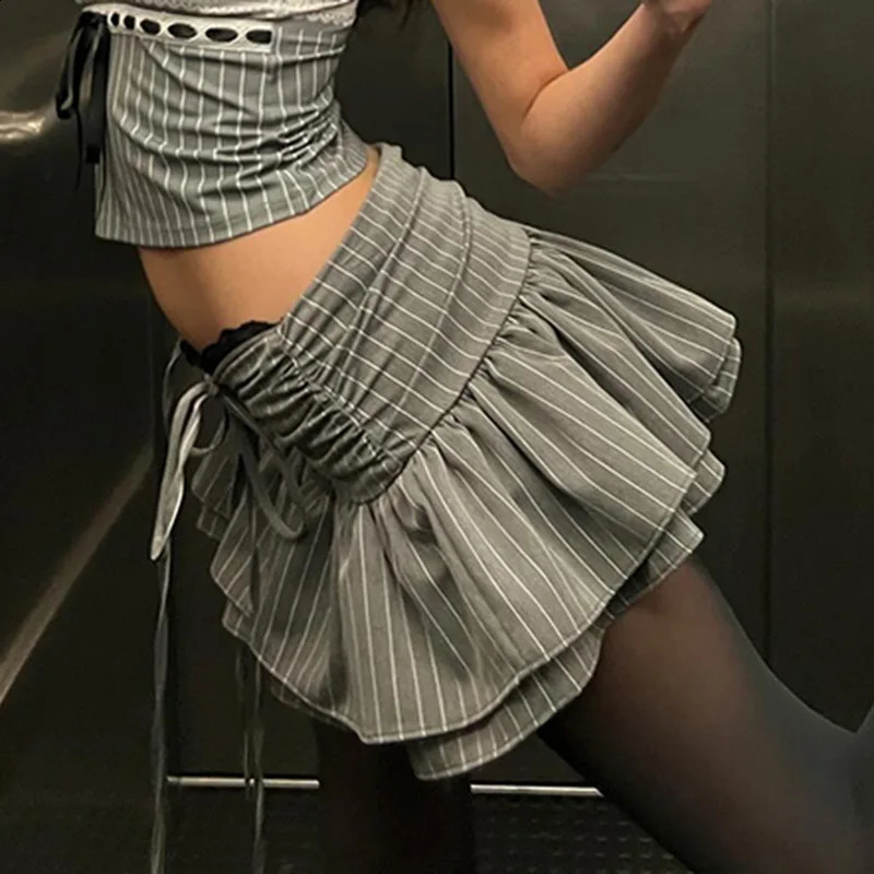 E-girl Striped Drawstring Pleated A-line Skirt 00s Retro Low Waist Lace Trim Skirt Women Double Layers Mini Skirt Y2K Streetwear 250319