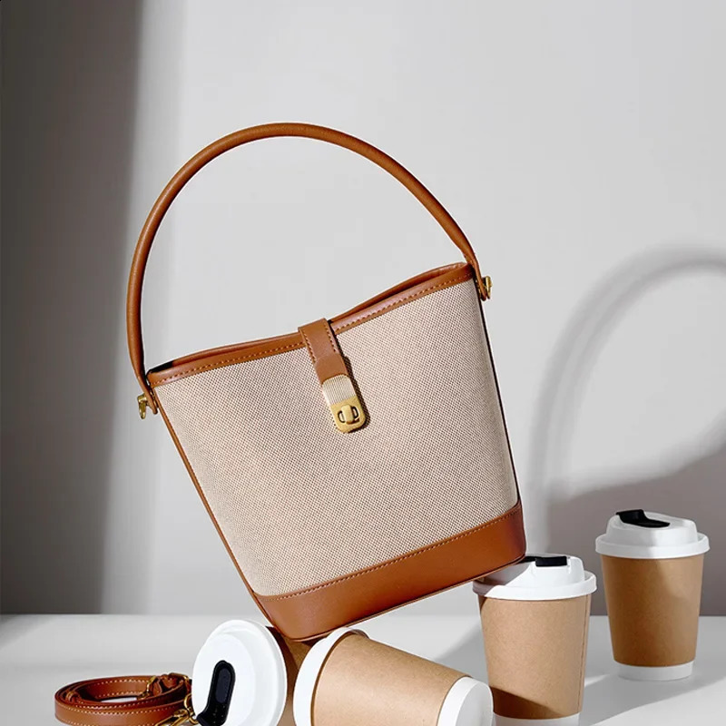 Vintage woven womens messenger bag color spliced womens bucket shoulder bag canvas combination mens leather womens handbag 250317