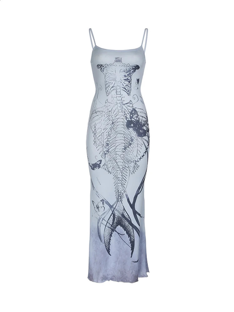 Sweetown Print Goth Y2K Spaghetti Straps Dress Women Aesthetic Mermaid Summer Dresses 250319