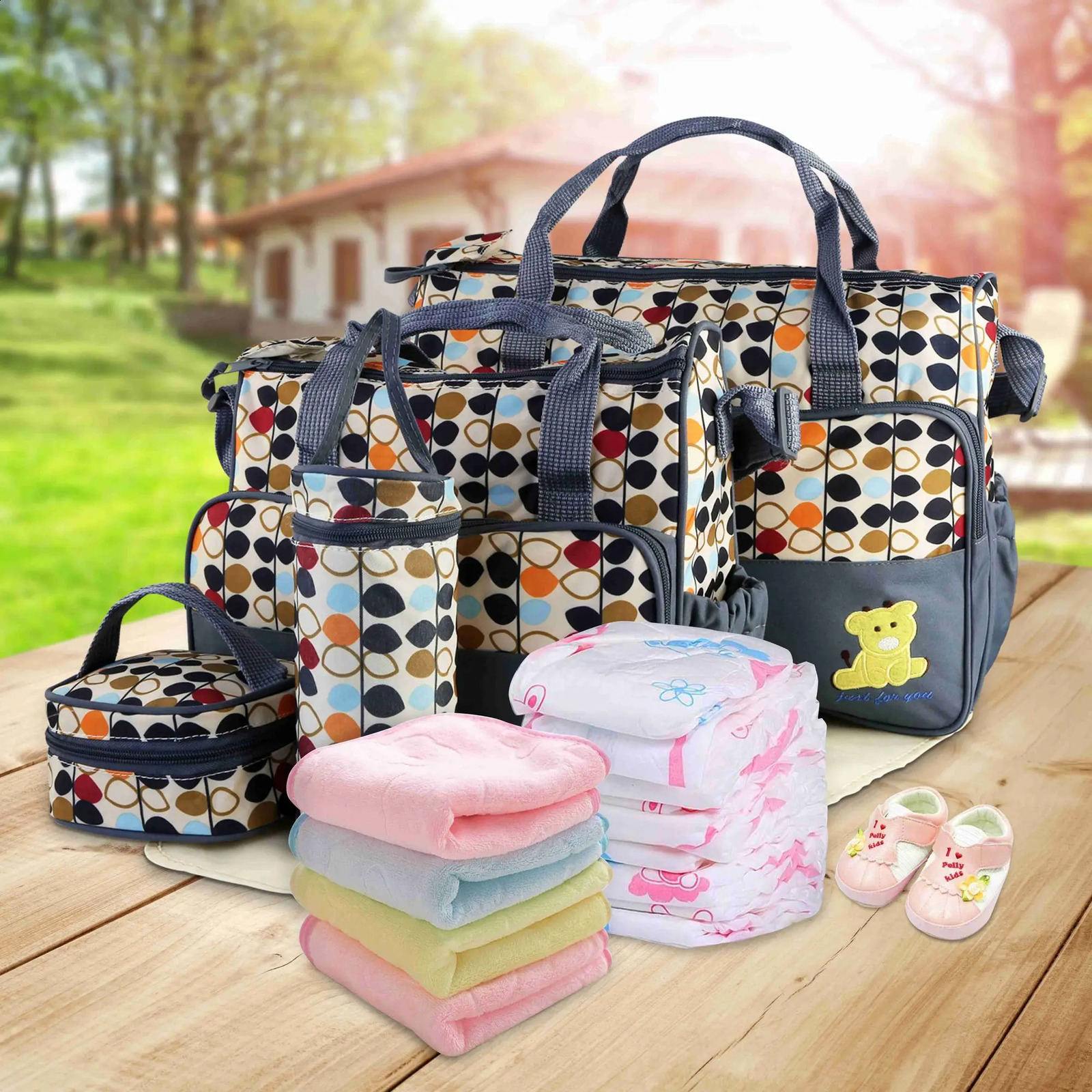 5PCS Baby Nappy Diaper Bags Set Mummy Diaper Shoulder Bags w/ Nappy Changing Pad Insulated Pockets Travel Tote Bags 250319
