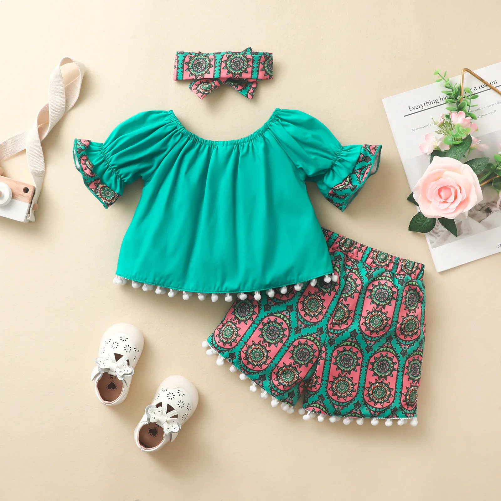 Bohemian Retro Summer Girls Clothing Set Baby Flare Sleeves Top Printed Short and Headband 3pcs Toddler Vacation Leisure Outfits 250319