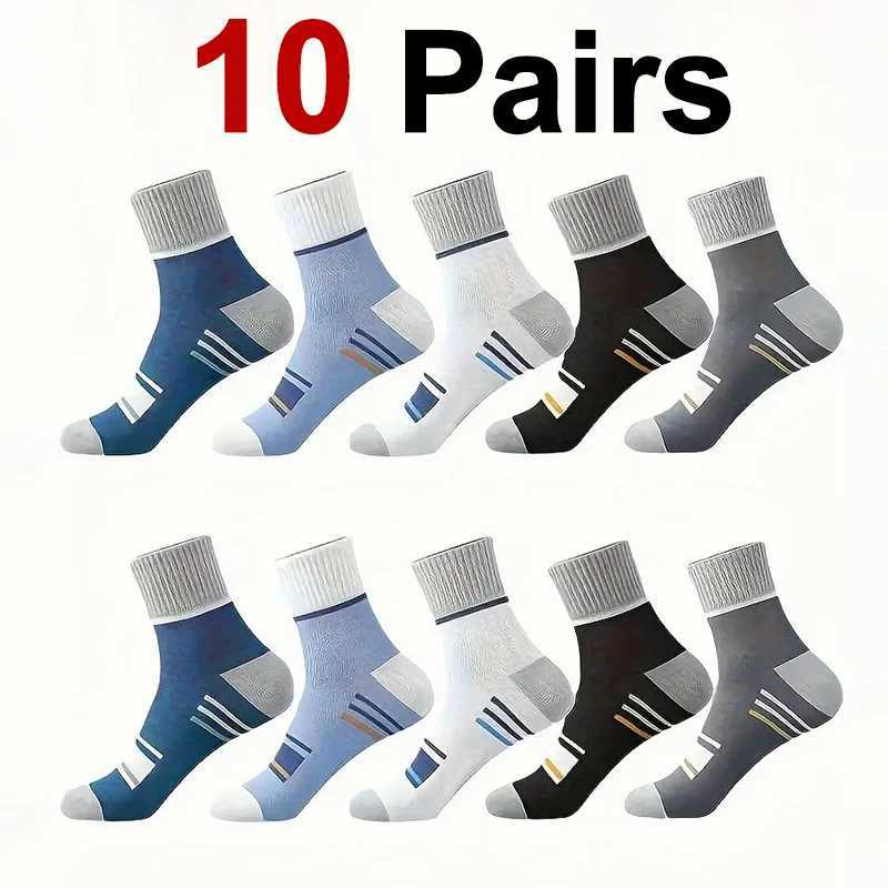 10 Pairs Men Color Blocked Mid Tube Socks Fashionable Stripes Sweat Absorbing Breathable Soft Comfortable Casual Neutral Socks X250319