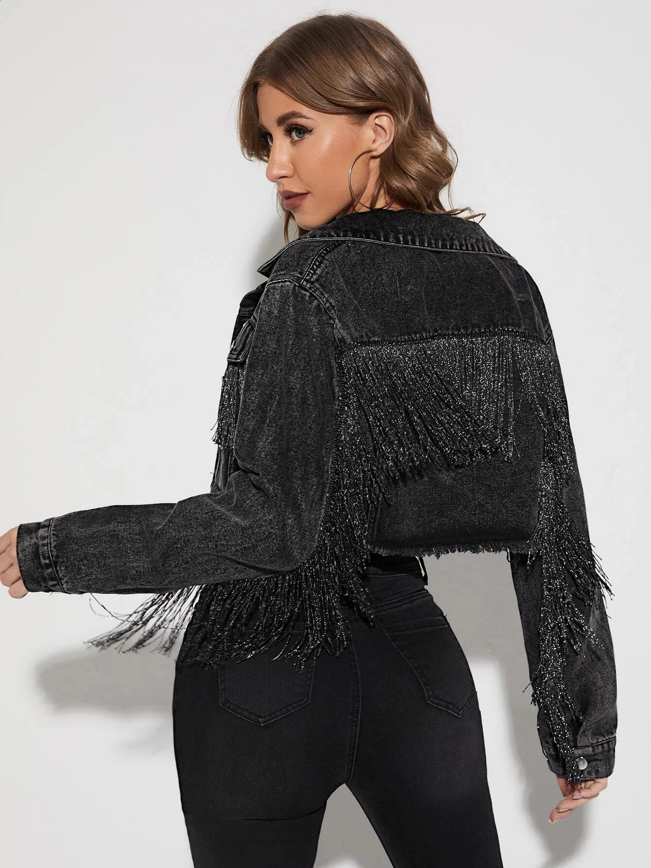 Womens edge jacket tassel cropped denim raw hem pleated 250319