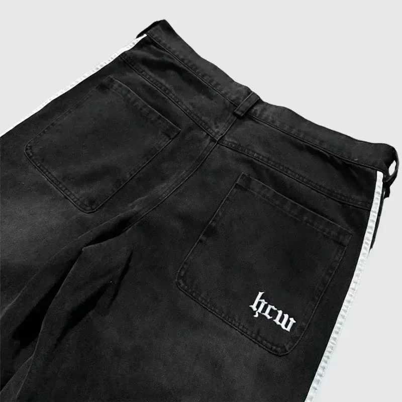 High Street retro striped embroidered high waisted jeans mens casual pants Harajuku hip-hop street bag wide leg jeansT250319