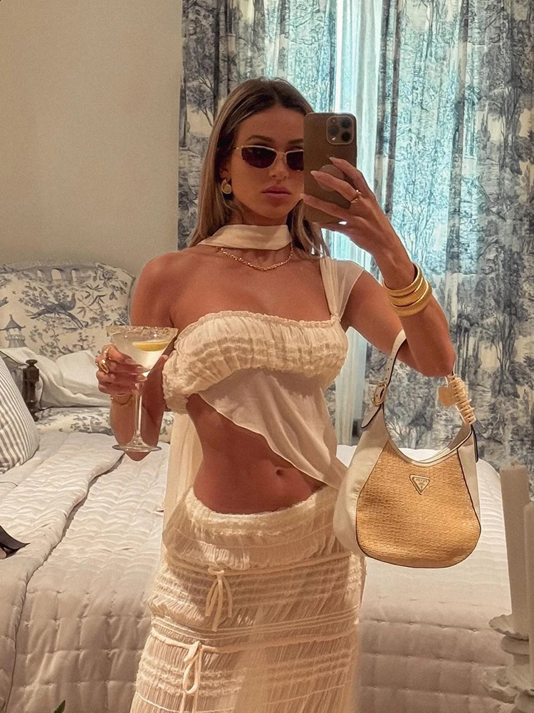 Nibber See Through TwoPiece Set Scarf Mini Wrap Top Mesh Irregular HemMultiPleated Skirt Beach Party Matching Pretty Suits 250318