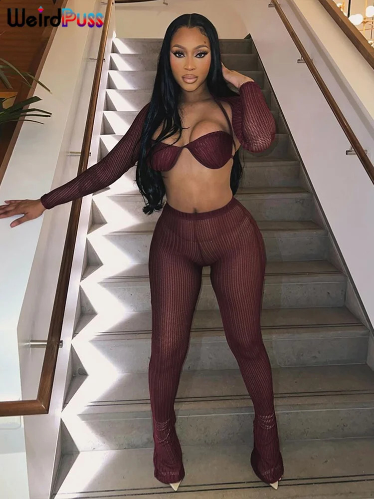 Weird Puss 3 Piece Set Women Tight Autumn Trend Spike Mesh Crop TopsBandage BraLeggings Matching Vacation Streetwear Outfits 250319