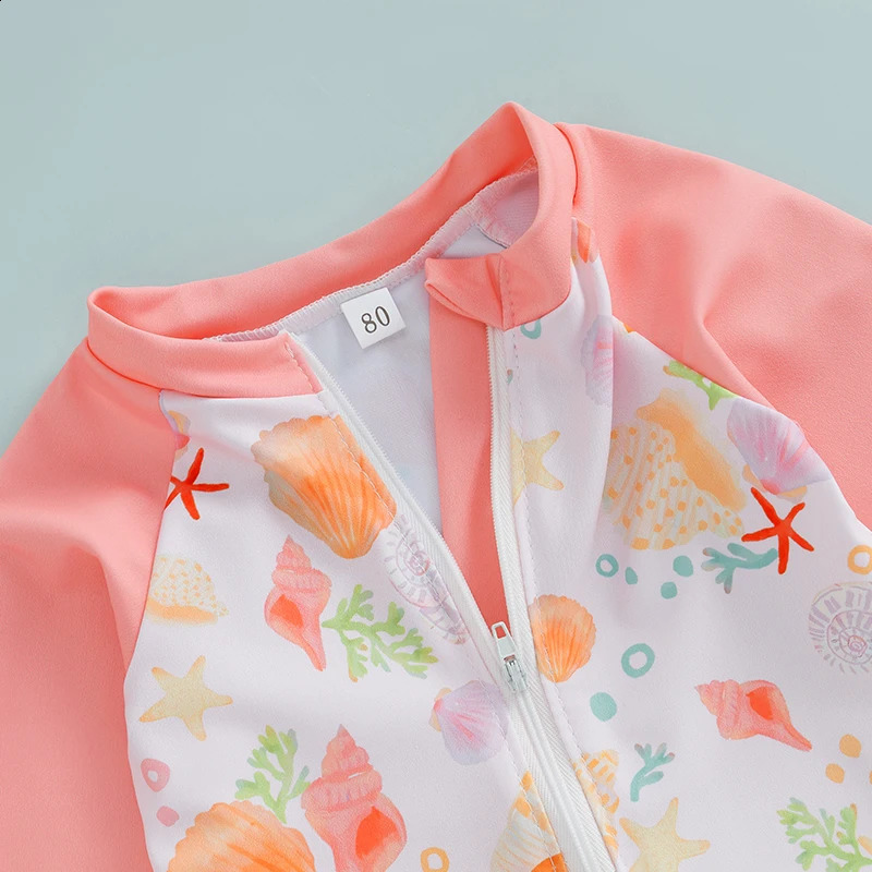 1-5T Toddler Girls Rash Guard Swimsuit with Hat 2 Pcs Set Shell Pattern Zip Up Long Sleeve Crew Neck Baby Girls Swimwears 250319