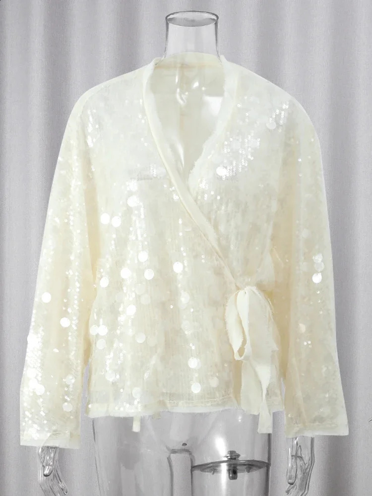 Elegant White Sequins Patchwork Lace-up Shirt For Women Long Sleeve V-neck Loose Short Coats Autumn Winter Street Partywear 250319