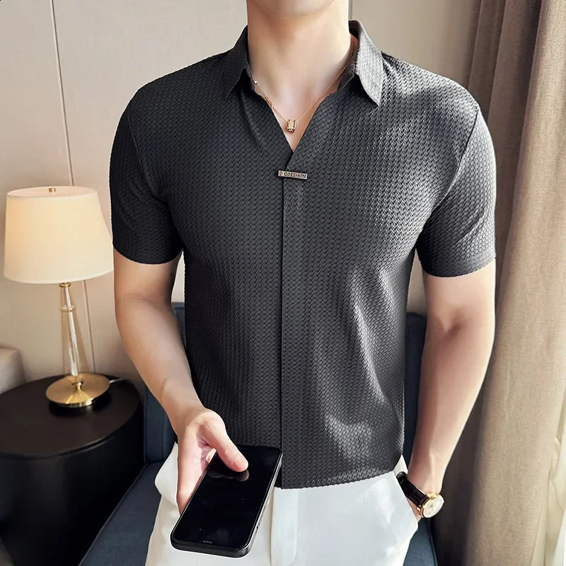 Mens Waffle Polo Shirt British Style Summer Ice Silk Thin Solid Casual Elastic Slim Fit Short Sleeved T-shirt Mens Clothing 250318