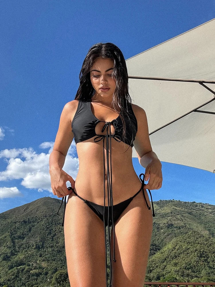 Bandage swimsuit womens solid bikini set hollow swimsuit sexy swimsuit 2-piece Biquini unprinted mini beachwear summer 250314