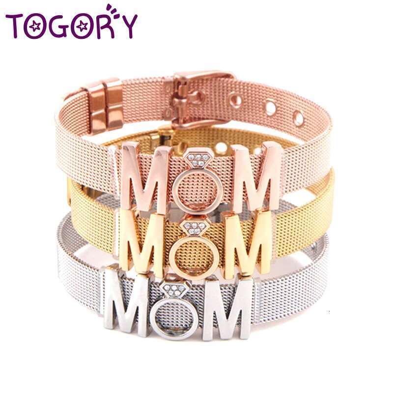 Fashion Ladies Stainless Steel Mesh Bracelets Crystal MoM Charms Fine Bracelet Adjustable Bracelet for Mother's Day Gifts