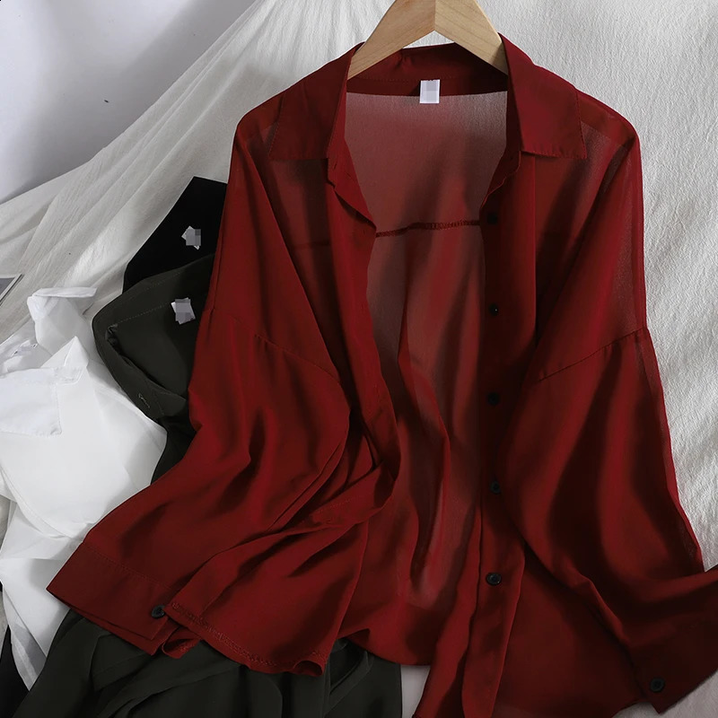 Womens solid color transparent long sleeved chiffon shirt casual loose beach cover button front fashionable and simple Versatile Top 250319