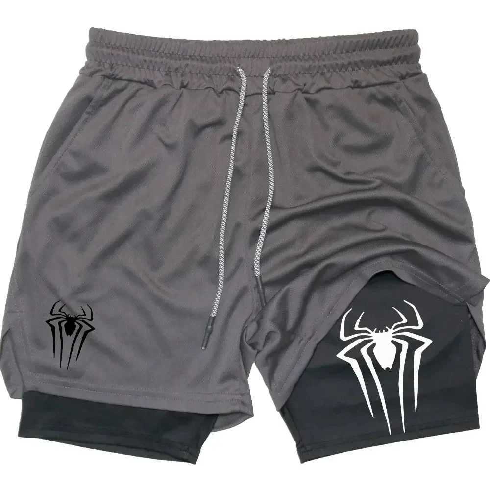 Mens spider printed compression shorts gym workout shorts Y2K with pockets 5 inches quick drying breathable 2-in-1 W250319