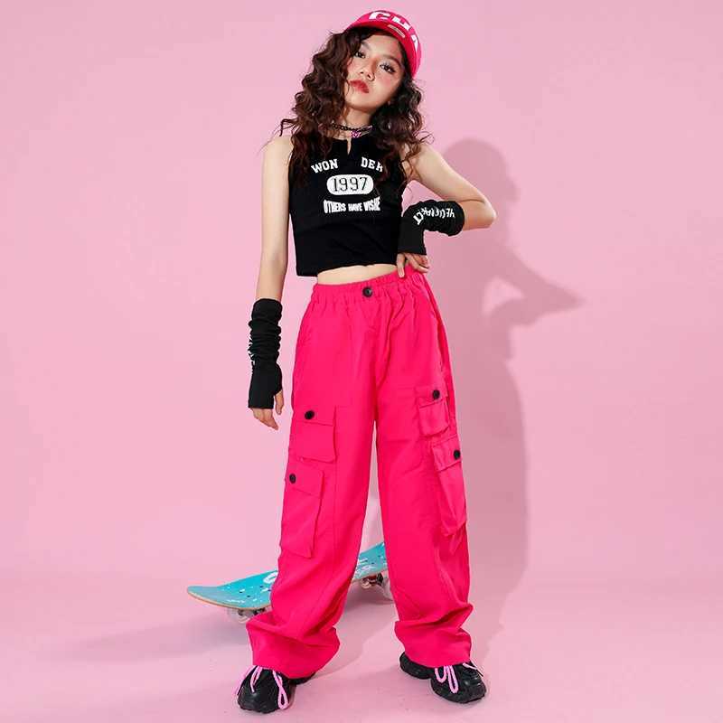 Black cargo pants teenage girls new summer streetwear hip-hop straight Trousers and multi pocket children aged 6 8 10 12 and 14T250318