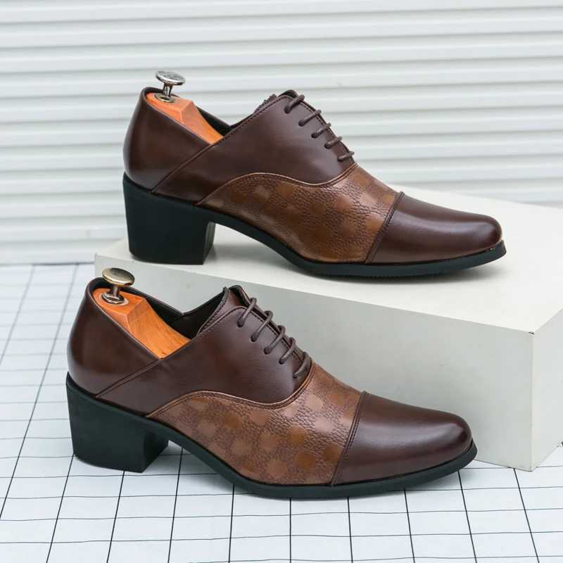 Fi brown dress shoes mens high heels Pointed Plus size 46 leather shoes mens Pahwork checkered mens wedding shoes height increaseXJ250319
